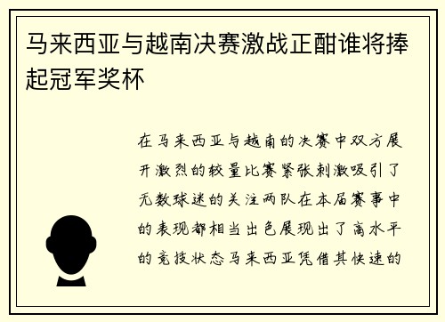 马来西亚与越南决赛激战正酣谁将捧起冠军奖杯