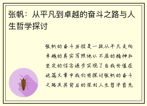 张帆：从平凡到卓越的奋斗之路与人生哲学探讨